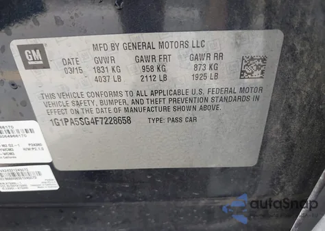 2015 Chevrolet Cruze Ls Auto из США, поврежденный, VIN 1G1PA5SG4F7228658